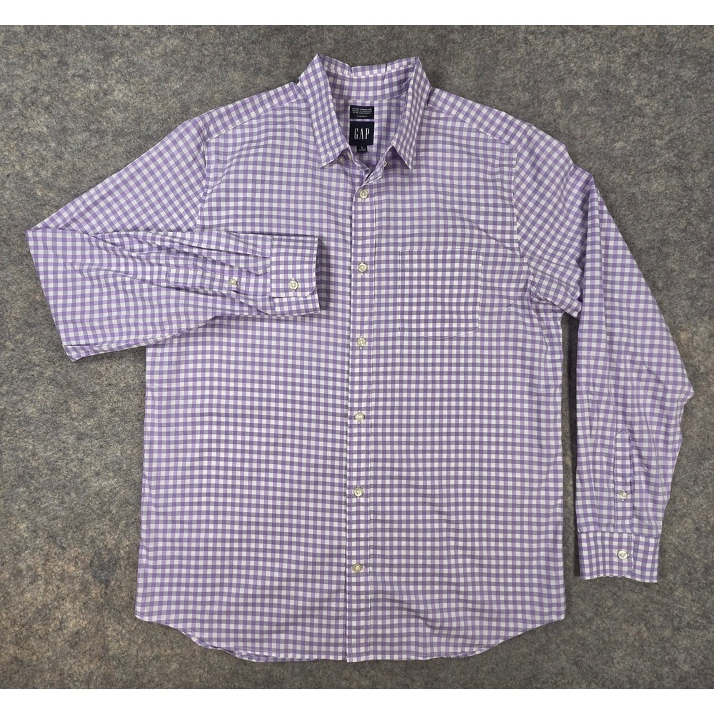 Gap Mens Purple Gingham Coolmax EcoMade Standard Fit Button Down Shirt Large